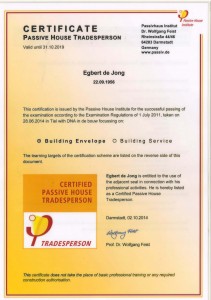certificaat Egbert de Jong Passive House tradesperson